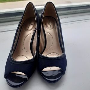 Black Bandalino Peep Toe Wedge Shoes